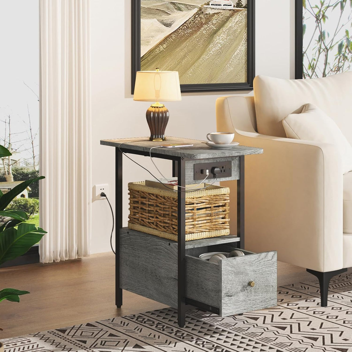 LIDYUK End Table with Charging Station, Narrow Side Table with Drawer and USB Ports & Power Outlets, Nightstand Bedside Tables for Small Spaces, Bedroom, Living Room, Light Grey, Set of 2