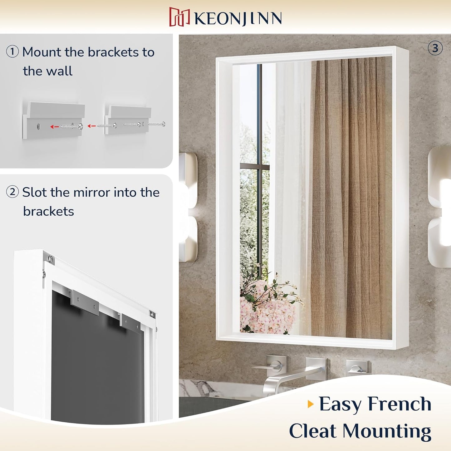 Keonjinn 48” x 36” White Bathroom Vanity Mirror Metal Framed Large Bathroom Mirror for Over Sink Rectangular Wall Mirror Square Corner Farmhouse Matte White Rectangle Mirror(Horizontal/Vertical)