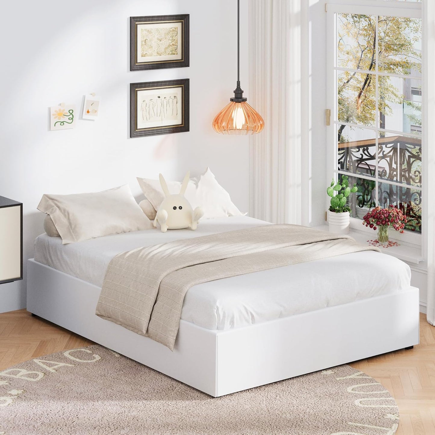 16 Inch King Size Bed Frame with White Skirt Cover, Metal King Bed Frame with Storage, No Box Spring Needed, Heavy Duty, Easy Assembly, Noise Free, Mattress Foundation