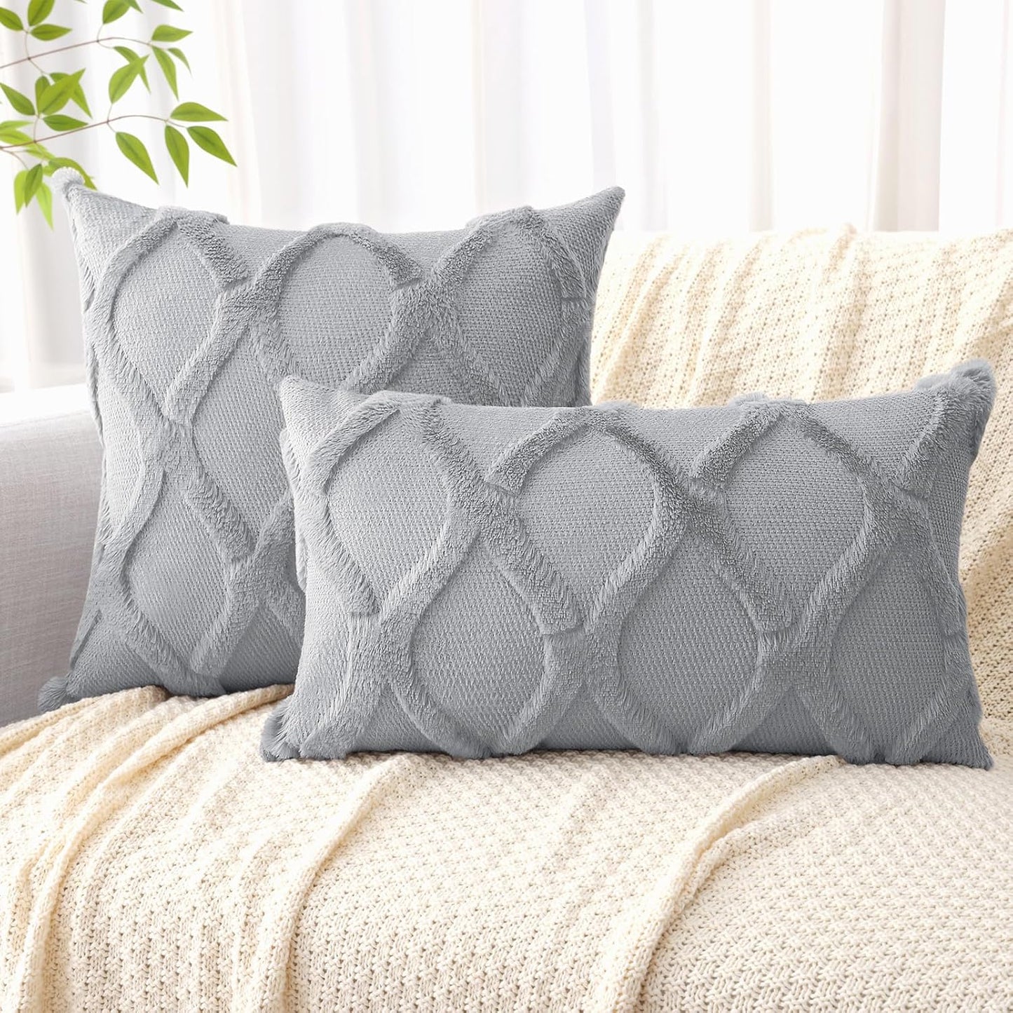 decorUhome Throw Pillow Covers 20x20 Inch Set of 2, Soft Plush Faux Fur Wool Grey Couch Pillow Covers, Decorative Neutral Pillow Cases for Bed Sofa Living Room Home Decor