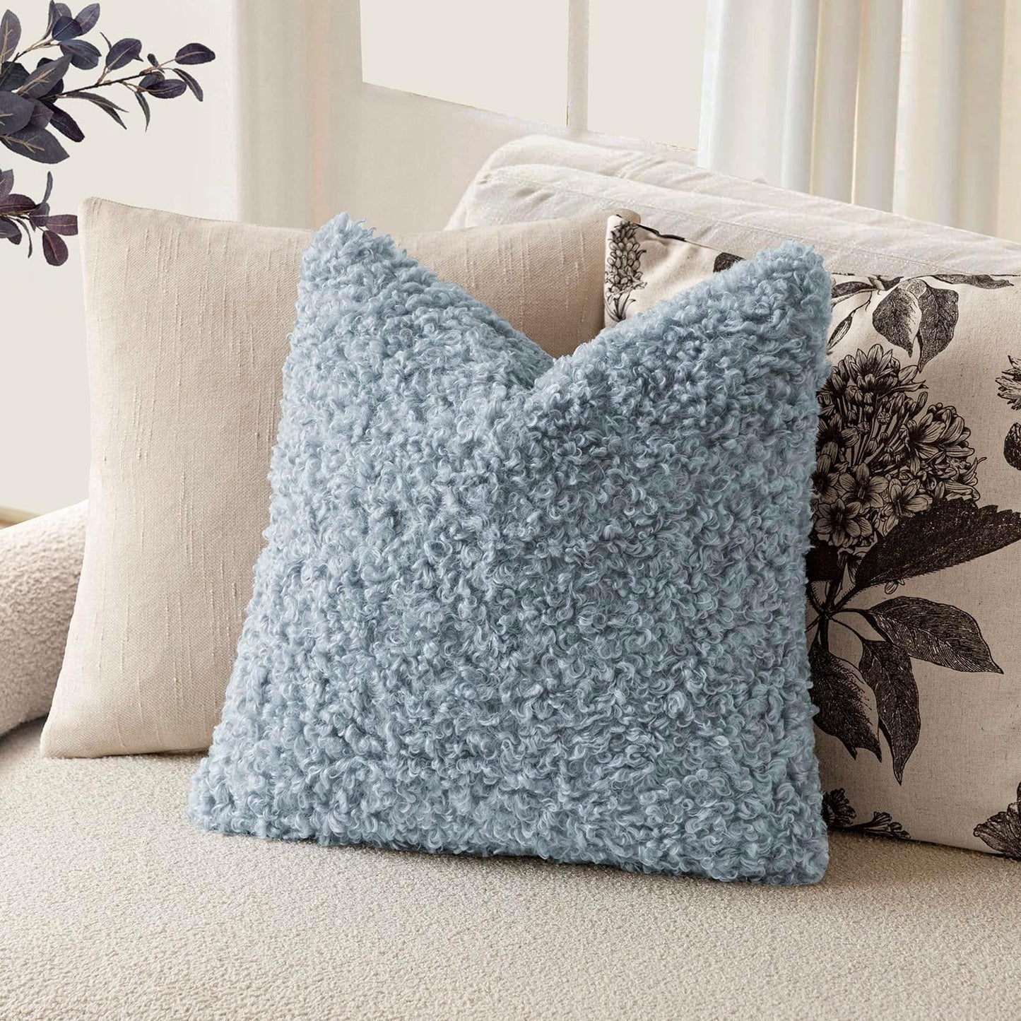 Foindtower 2 Pieces 22x22 Inch Misty Blue,Faux Fur Throw Pillow Cover Accent Sherpa Furry Pillow Covers Fuzzy Soft Pillowcases Cozy Sheepskin Decorative Fleece Cushion Case for Bed Couch Living Room