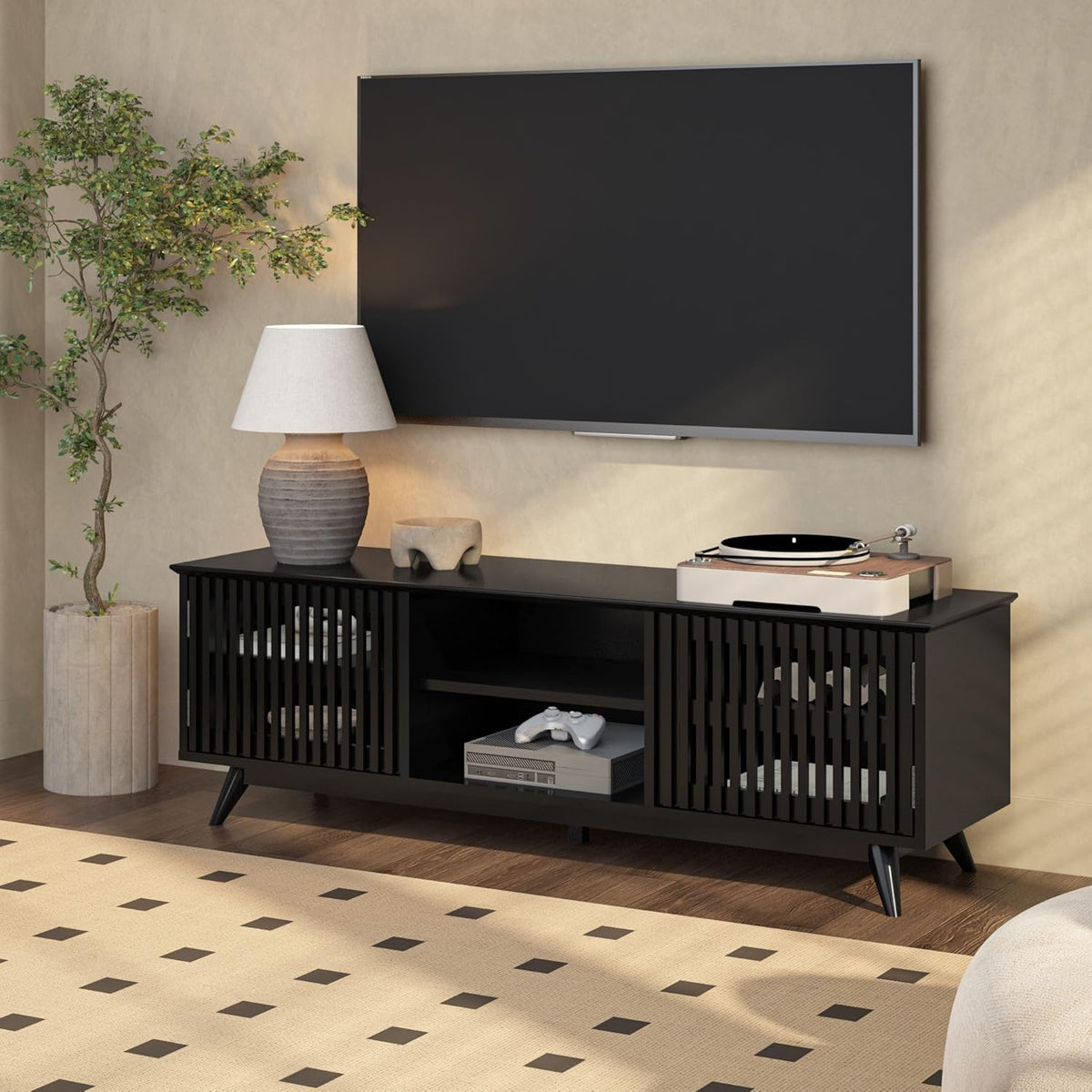 Plank+Beam Mid-Century Modern Wood TV Stand, Solid Wood Entertainment Console with Storage, 59" L x 16" W x 19" H, Black