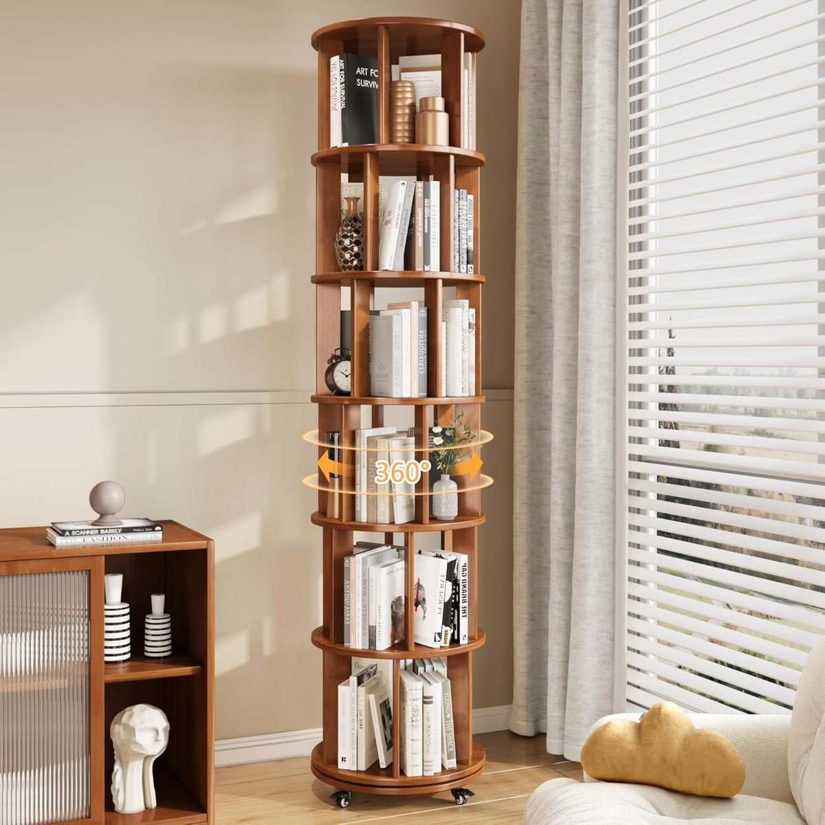 6 Tier Bookshelf Tower, 360° Solid Wood Spinning Bookcase with Swivel Wheels, Floor Standing Book Shelf for Small Space, Bookshelf for Home Office Study Room Bedroom Living Room