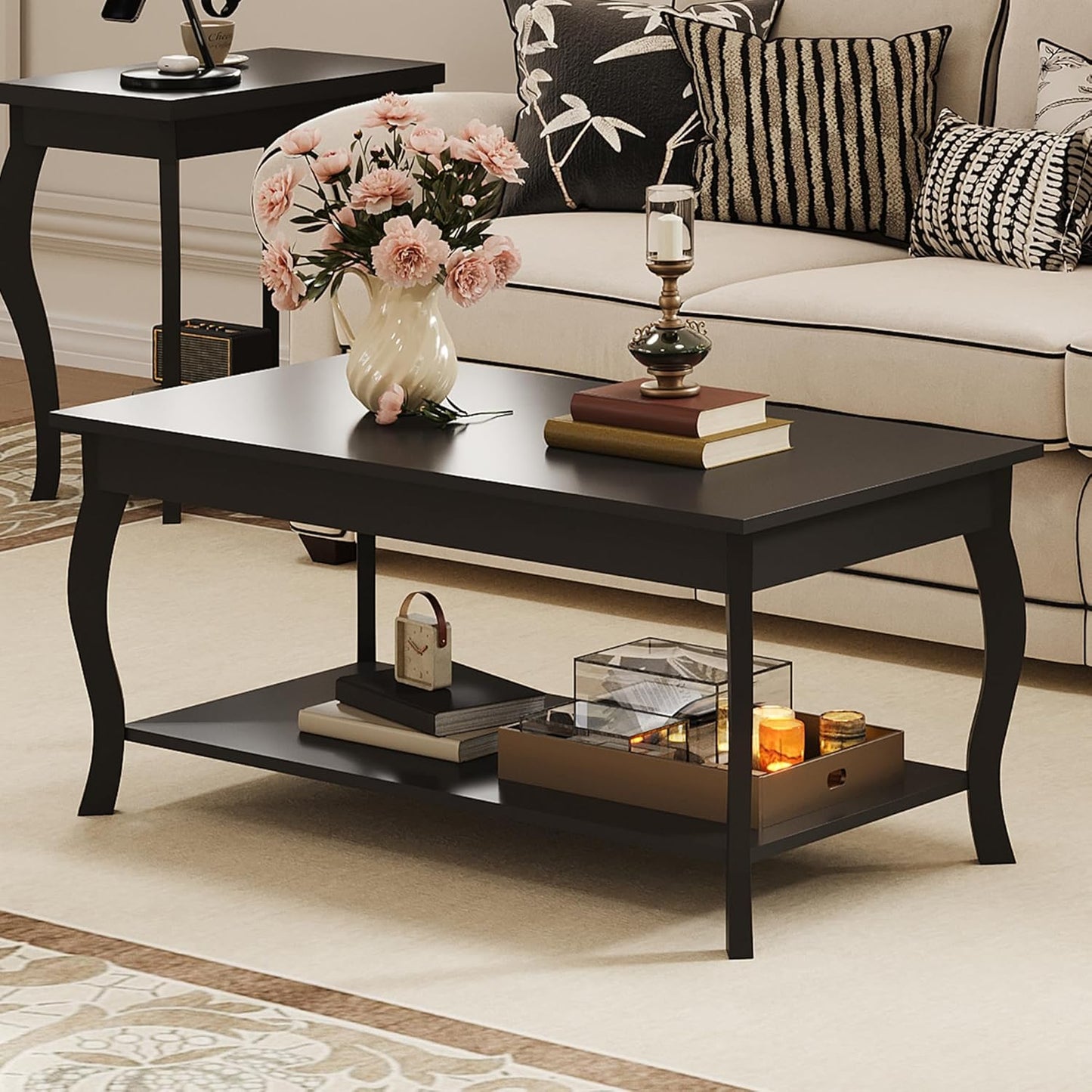 ChooChoo Coffee Table, Modern Center Table with Curved Legs and Storage Shelf, 39" Coffee Table for Living Room, Black