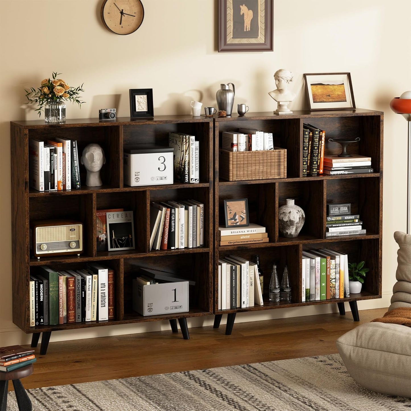 Shintenchi Cube Storage Organizer, 3 Tier Mid-Century Bookcase with Legs Cubeicals Retro Wood Organizer Storage Bookcase, Freestanding Open Book Shelves for Bedroom,Living Room,Office(Brown)
