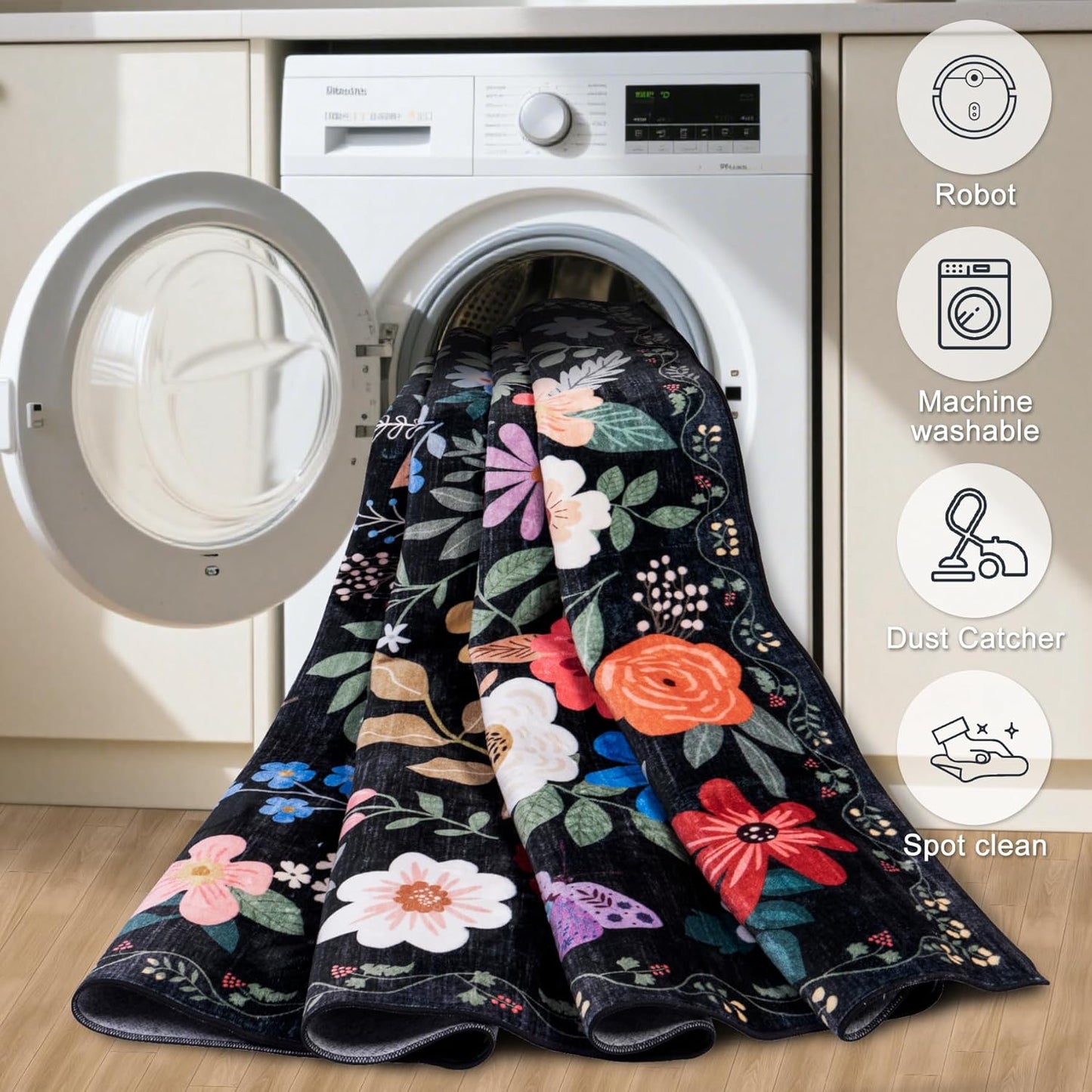 10x12 Area Rugs for Living Room: Floral Washable Rug Vintage Large Soft Boho Non-Slip Carpet Stain Resistant Low Pile Carpets for Bedroom Dining Room Farmhouse Nursery Hallway Home Office Black