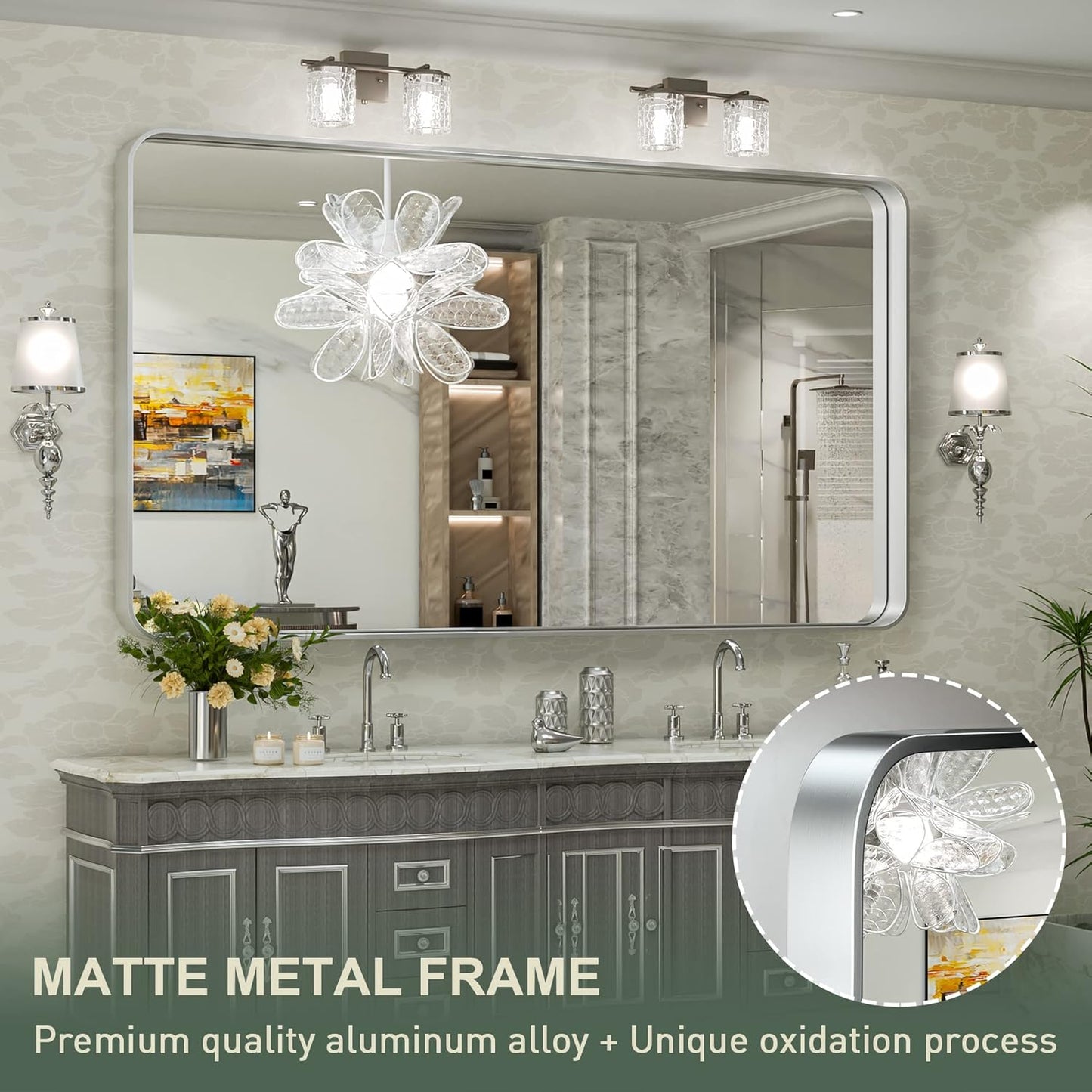 TokeShimi 55 x 36 Inch Brushed Silver Mirror Wall Mirror for Bathroom Black Metal Frame Decorative Rectangular Wall Mounted Home Decor Corner Hangs (Horizontal/Vertical)