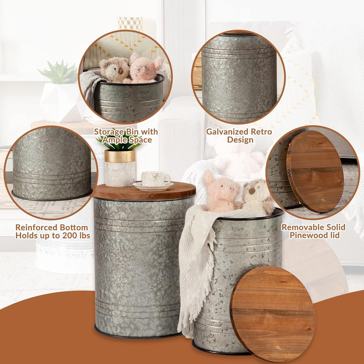 Poofzy Farmhouse End Tables Set of 2, Galvanized Metal Decor Side Table with Wood Lid, Coffee Table Storage Stool for Living Room (Grey)