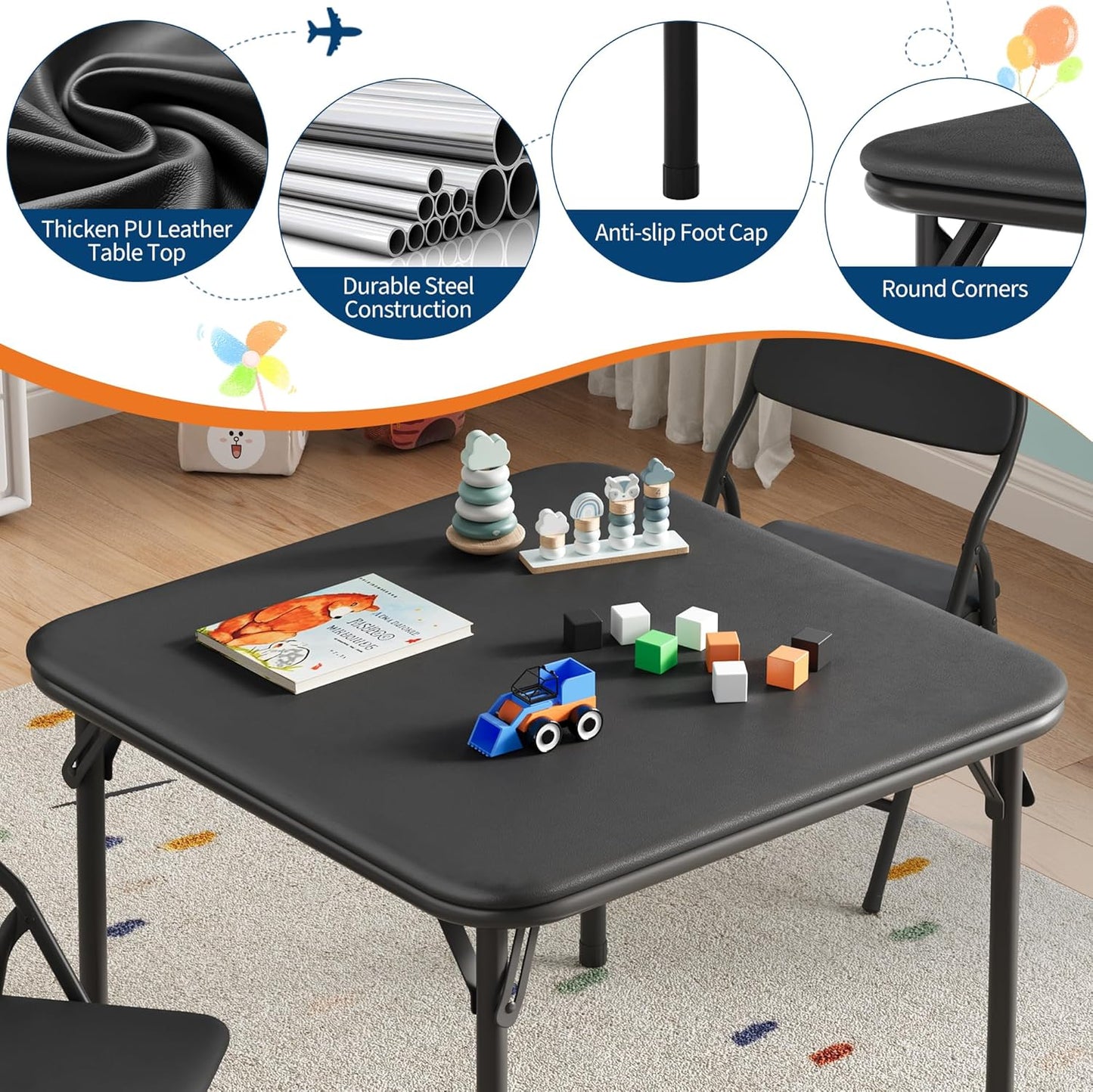 IDEALHOUSE 5 Piece Folding Kids Table and Chairs Set, Children Activity Table and Chairs Set for Dining Room,Daycare,Classrooms