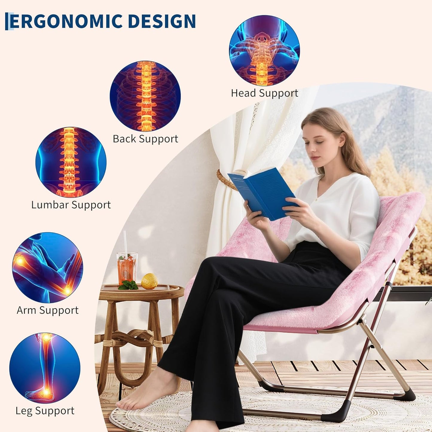 Comfy Chair for Adults, Foldable Living Room Chairs, Soft Faux Fur Folding Lounge for Bedroom Living Room Dorm Rooms, Flexible Reading Chair for Teens (2, Pink, Extra Large)