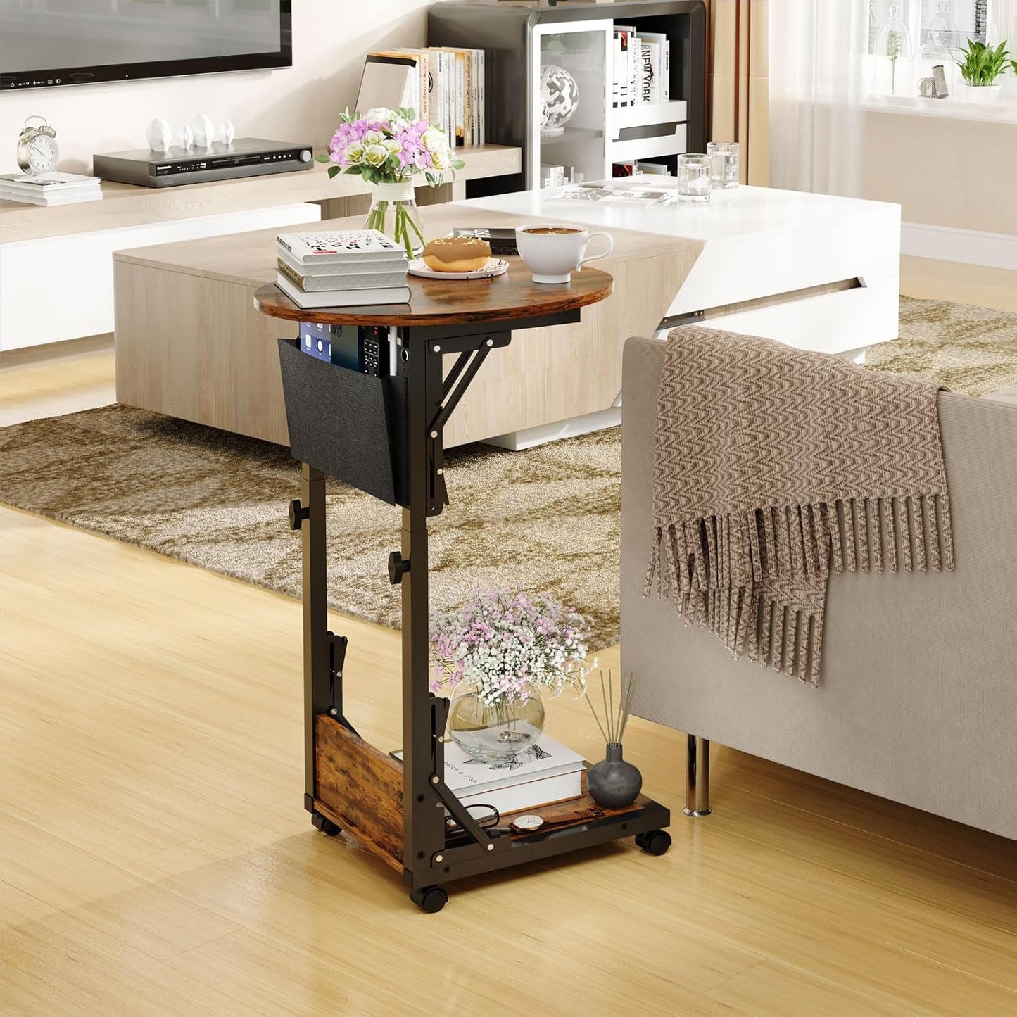 Folding C Shaped End Table, Small Side Table with Storage Bag for Sofa, Couch Table with Wheels, TV Tray Table for Living Room, Bedroom, Rustic Brown