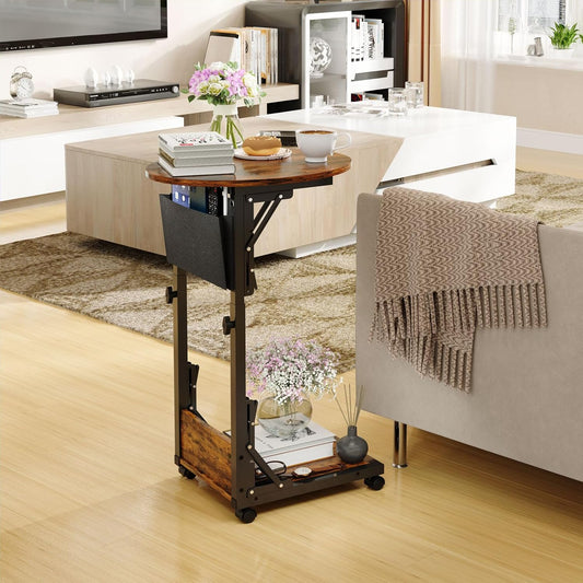 Folding C Shaped End Table, Small Side Table with Storage Bag for Sofa, Couch Table with Wheels, TV Tray Table for Living Room, Bedroom, Rustic Brown