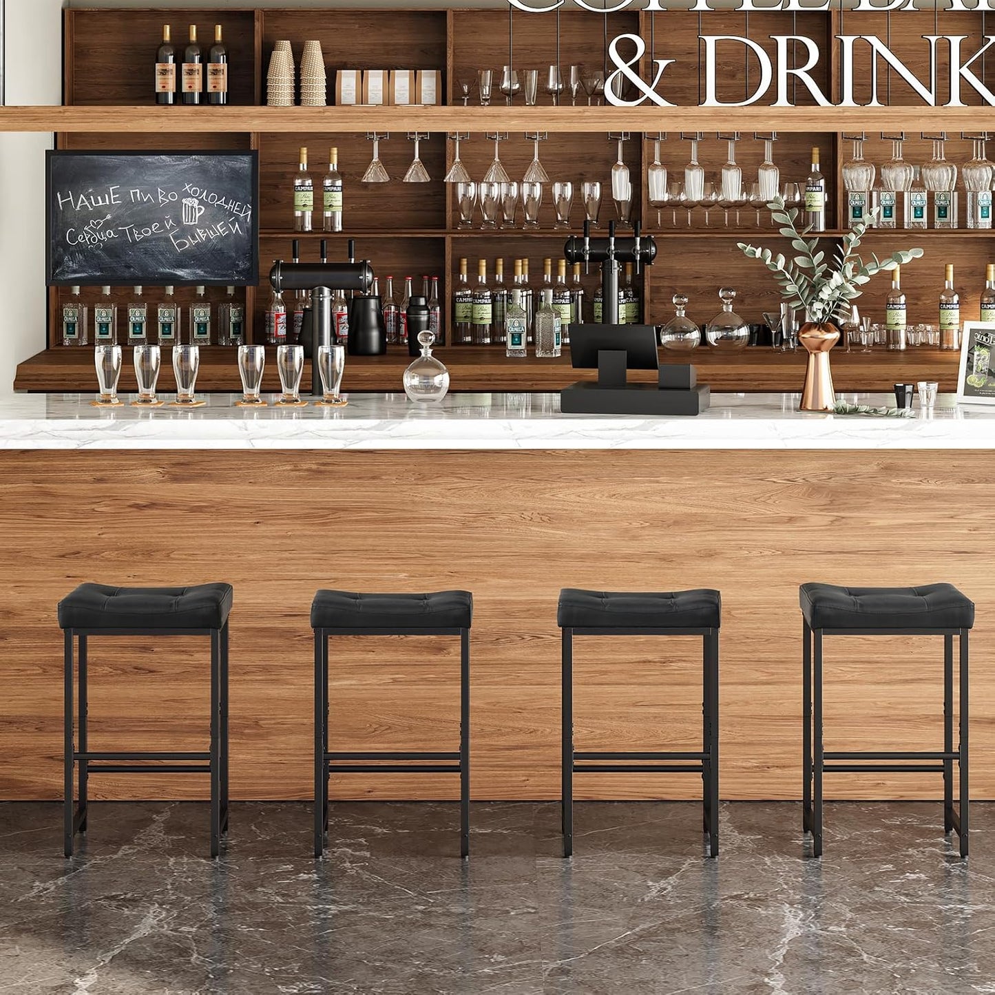 HOOBRO Bar Stools,25.4" Saddle Stools with PU Upholstery, Counter Height Stools with Footrest, Kitchen Breakfast Chairs, for Dining Room, Cafe, Bar, Black BB23BY01