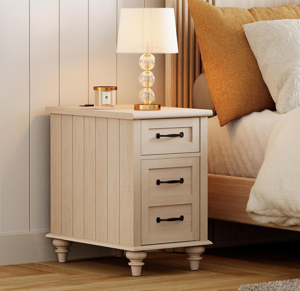 WAMPAT Beige End Table with Charging Station, Wooden Side Table with Storage Cabinet & Drawer, Elegant Nightstand with Power Outlets & USB Ports for Bedroom, Living Room