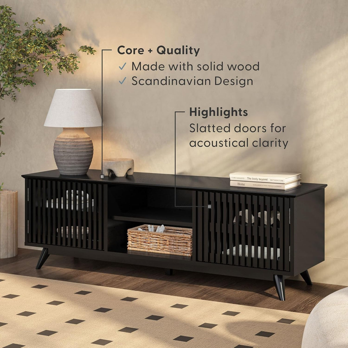 Plank+Beam Mid-Century Modern Wood TV Stand, Solid Wood Entertainment Console with Storage, 59" L x 16" W x 19" H, Black