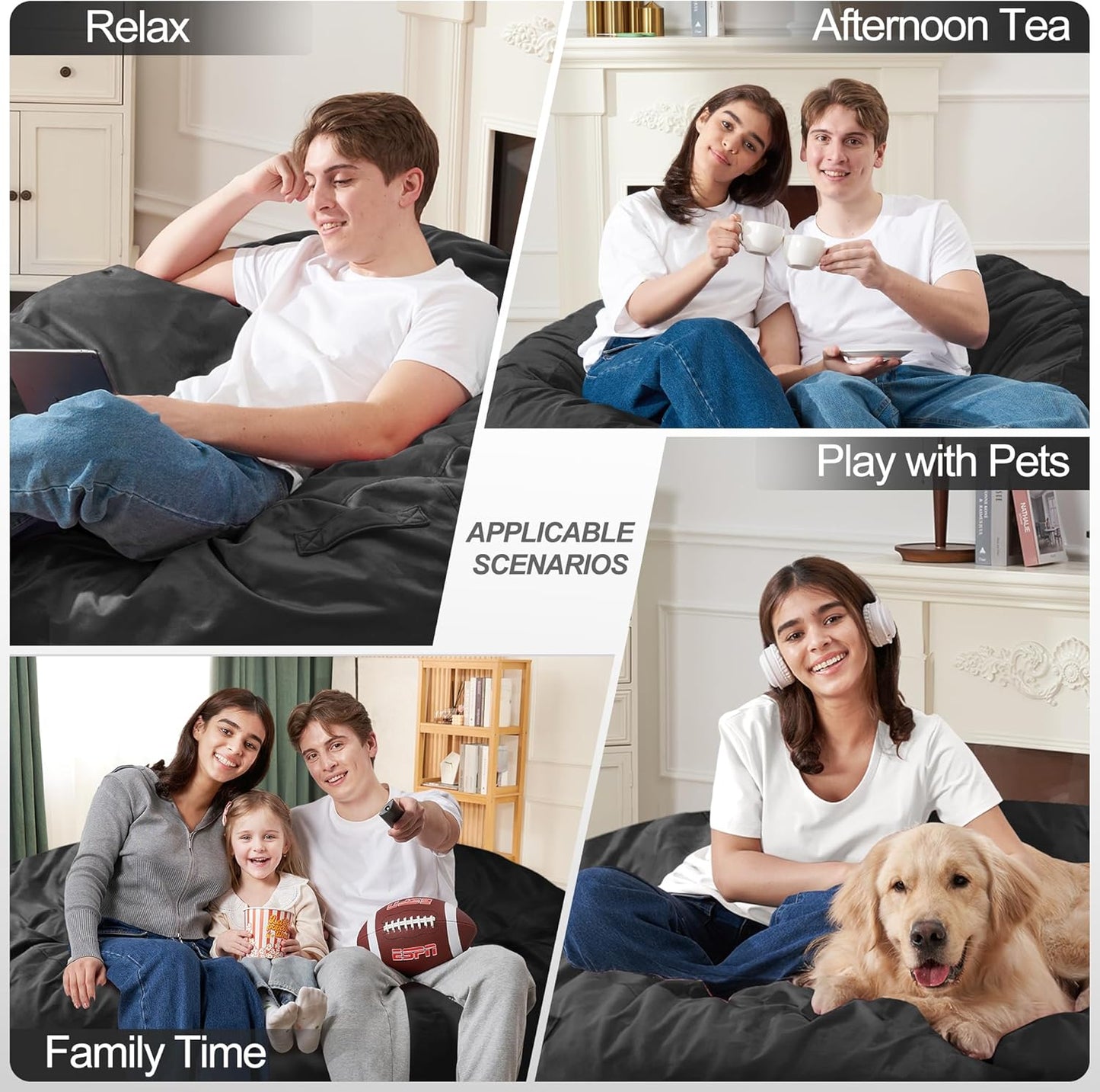 Homguava 4 FT Bean Bag Chair: 4' Bean Bags with Memory Foam Filled, Large Beanbag Chairs Soft Sofa with Dutch Velvet Cover-Black