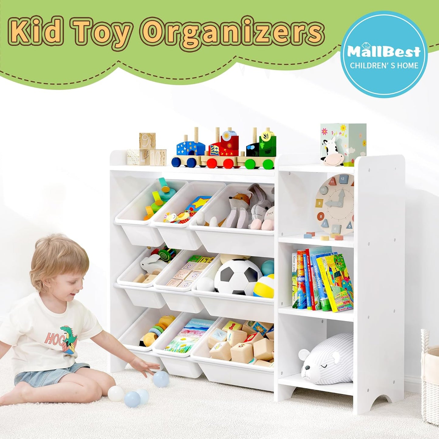 MallBest 4-Tier Kids' Toy Storage Organizer Shelf - 100% Solid Wood,Children's Storage Cabinet with 9 Plastic Bins and 3 Storage Ports(White-Single Color)