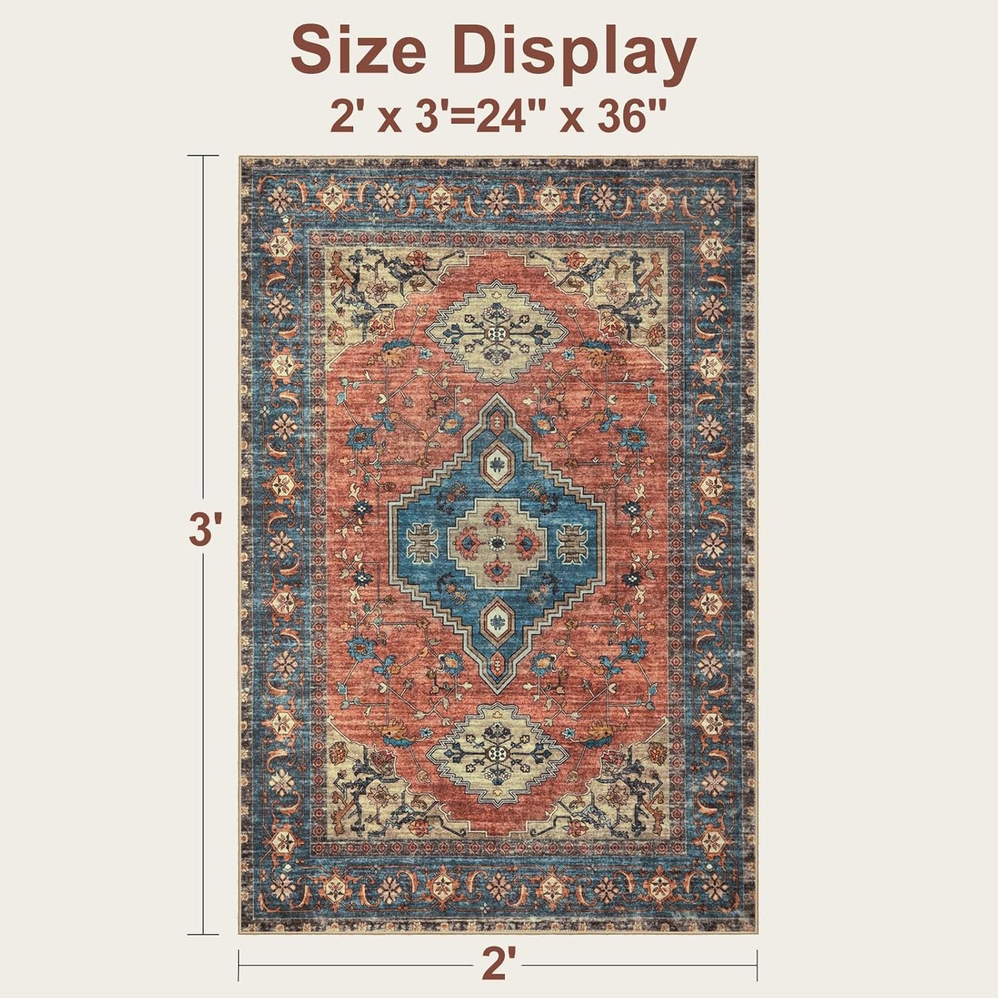 Tangsoo Washable Entryway Rugs 2x3 Vintage Non Slip Small Area Rug, Indoor Front Door Rug, Print Distressed Door Mat Indoor Entrance Soft Low Pile Throw Rug for Entry Kitchen BedroomTerracotta