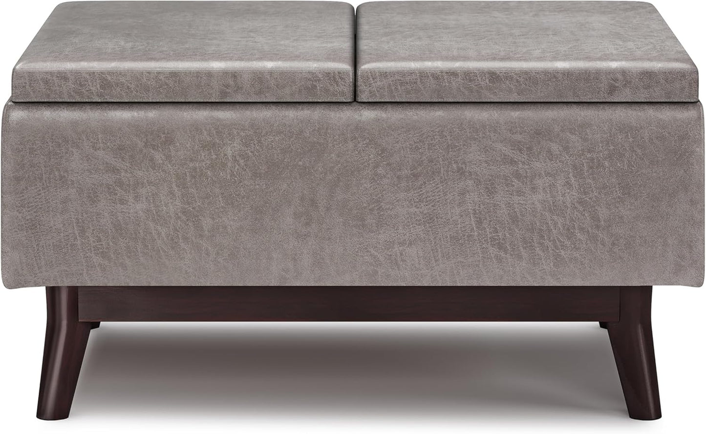 SIMPLIHOME Owen 34 inch Wide Mid Century Modern Rectangle Tray Top Small Coffee Table Storage Ottoman in Distressed Grey Vegan Faux Leather, Assembled, For the Living Room, Entryway and Family Room
