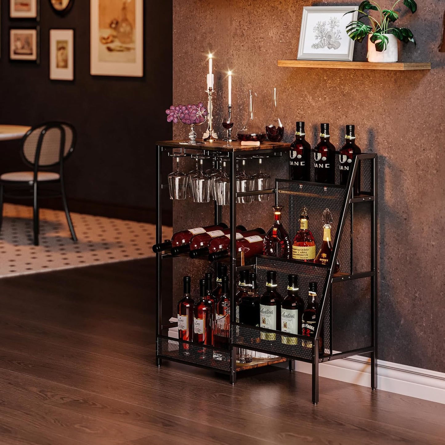 Versatile Liquor Stand for Home Bar, Wine Rack Freestanding Floor, Mini Bar Table for Liquor Whiskey Wine, 3-Tier Trapezoidal Liquor Bottle Display Shelf with Glass Holder and Fences(Patent Pending)