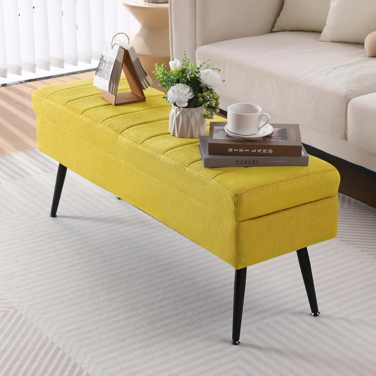 CUYOCA Storage Ottoman Bench, 43.5" Upholstered Entryway Bench, Long Ottoman with Storage for Living Room, Support 660lbs - Fabric Canary