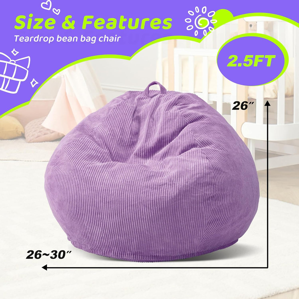 Bean Bag Chairs Teardrop Bean Bag Chair Beanbag Chair with Memory Foam Filled Machine Washable Cover for Living Room, Bedroom (Small,Purple)