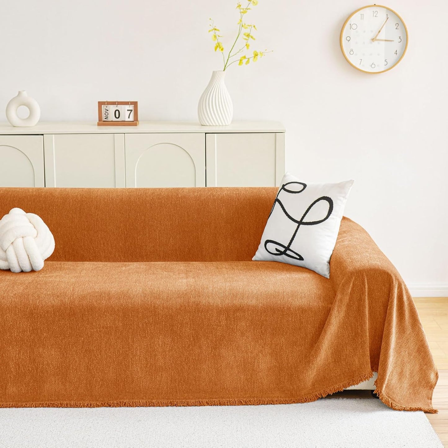 hyha Couch Cover for Dogs, Boho Sofa Covers for 3 Cushion Couch Washable, Chenille Sofa Slipcover for Pets, Soft Loveseat Sectional Couch Throw Blankets with Tassels (Orange, 71x134 Inch)