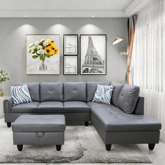 Convertible Leather Sectional Couch, Modern L Shaped Couch with Storage, Large Modular 5-Seat Sectional Sofa with Ottomans for Living Room and Office, Dark Grey