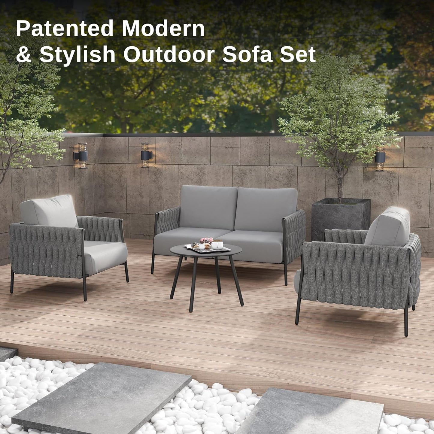 EAST OAK Life Chatter 4 Pieces Patio Furniture Set, Outdoor Furniture with Coffee Table, Patio Conversation Set Deep Seating with Thick Cushion, Backyard Porch Balcony, Earth Black & Misty Grey