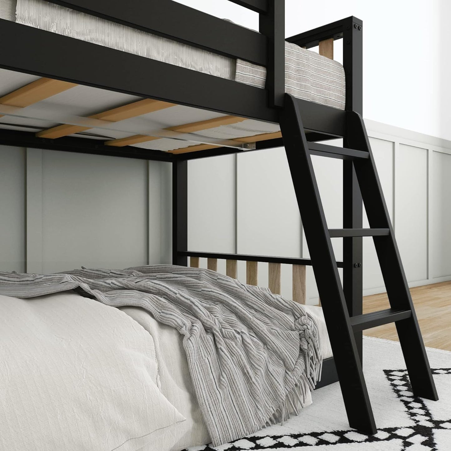 Max & Lily Low Bunk Bed, Scandinavian Modern Bunk Bed, Solid Wood Twin-Over-Twin Bed Frame for Kids, No Box Spring Needed, Black/Blonde