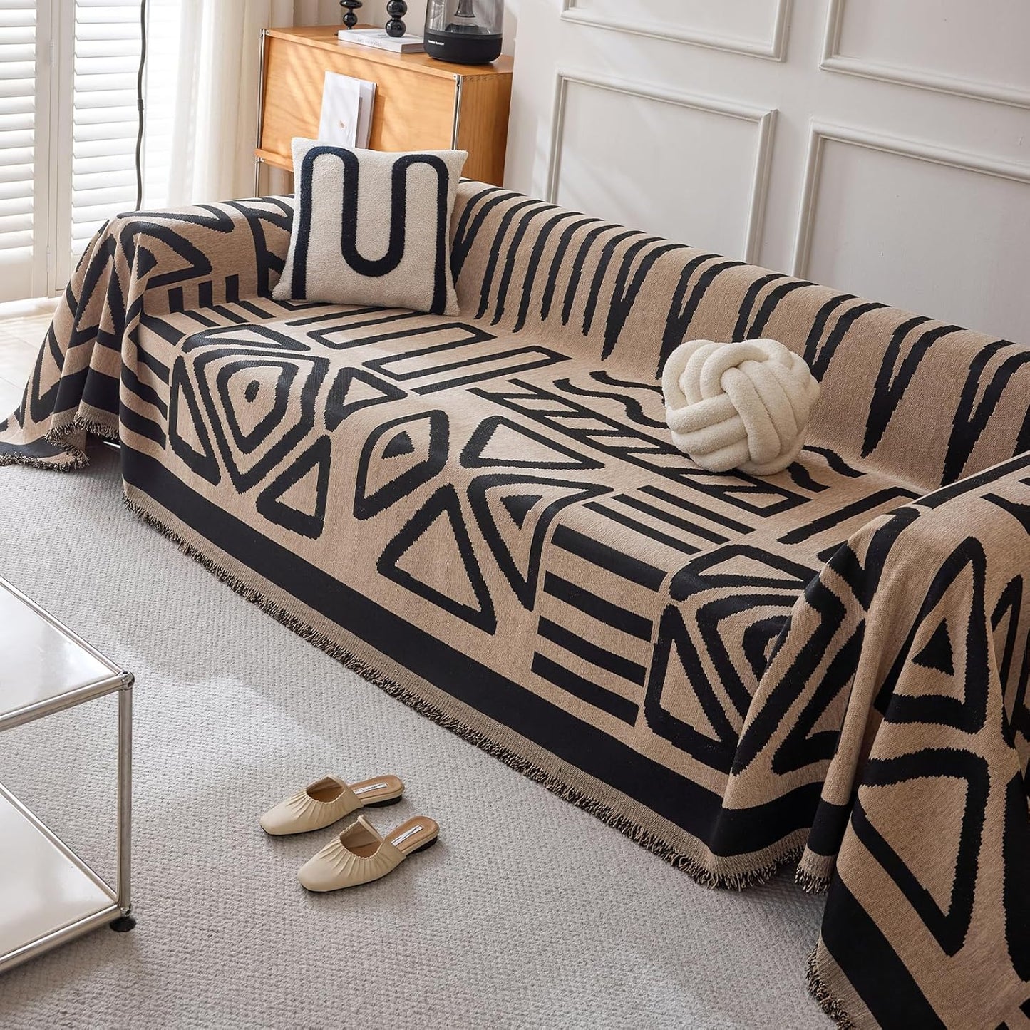 HANDONTIME Boho Geometric Couch Covers for Sofa Pet Friendly Taupe and Black Sofa Covers Washable Chenille Couch Blanket Cover for 3 4 Cushion Couches Pet Protector Furniture Cover Soft, 71" X 150"