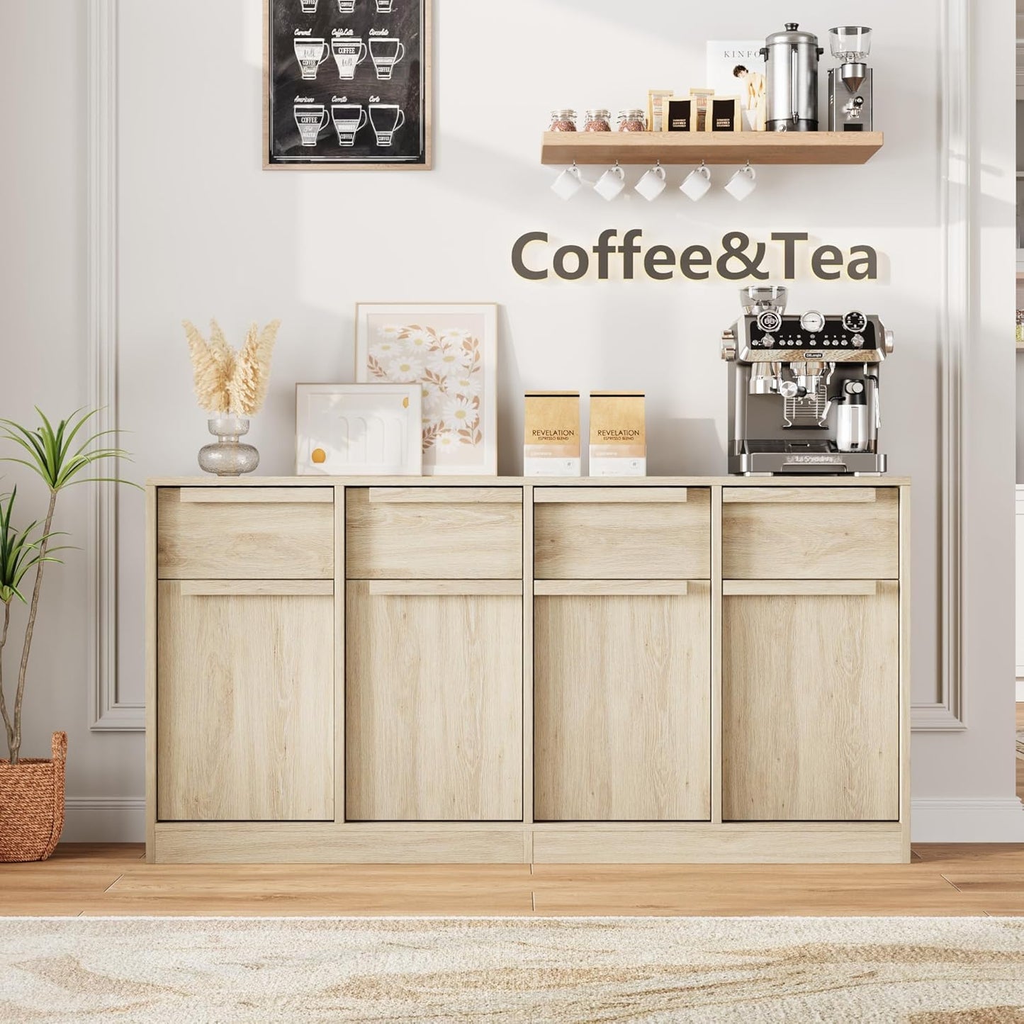 GarveeHome Sideboard Buffet Cabinet with 4 Drawers, 62.4" Large Coffee Cabinet with Storage, Modern Storage Buffet Table for Kitchen Dining Room, Living Room (Pear Wood, 4 Doors & 4 Drawers)