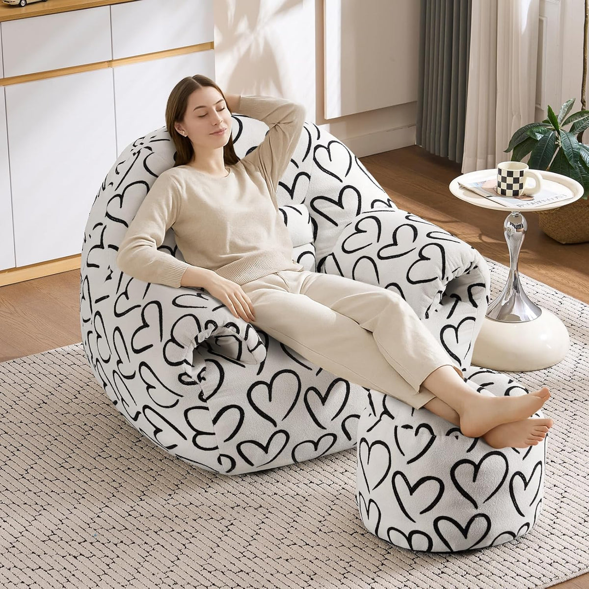 DAICO Bean Bag Chairs for Adults Comfy Accent Chair with Ottoman Floor Sofa Beanbag Couchs with Armrests White Single Lazy Sofa with Foam for Living Room Reading Bedroom Gaming (Cordate Pattern)