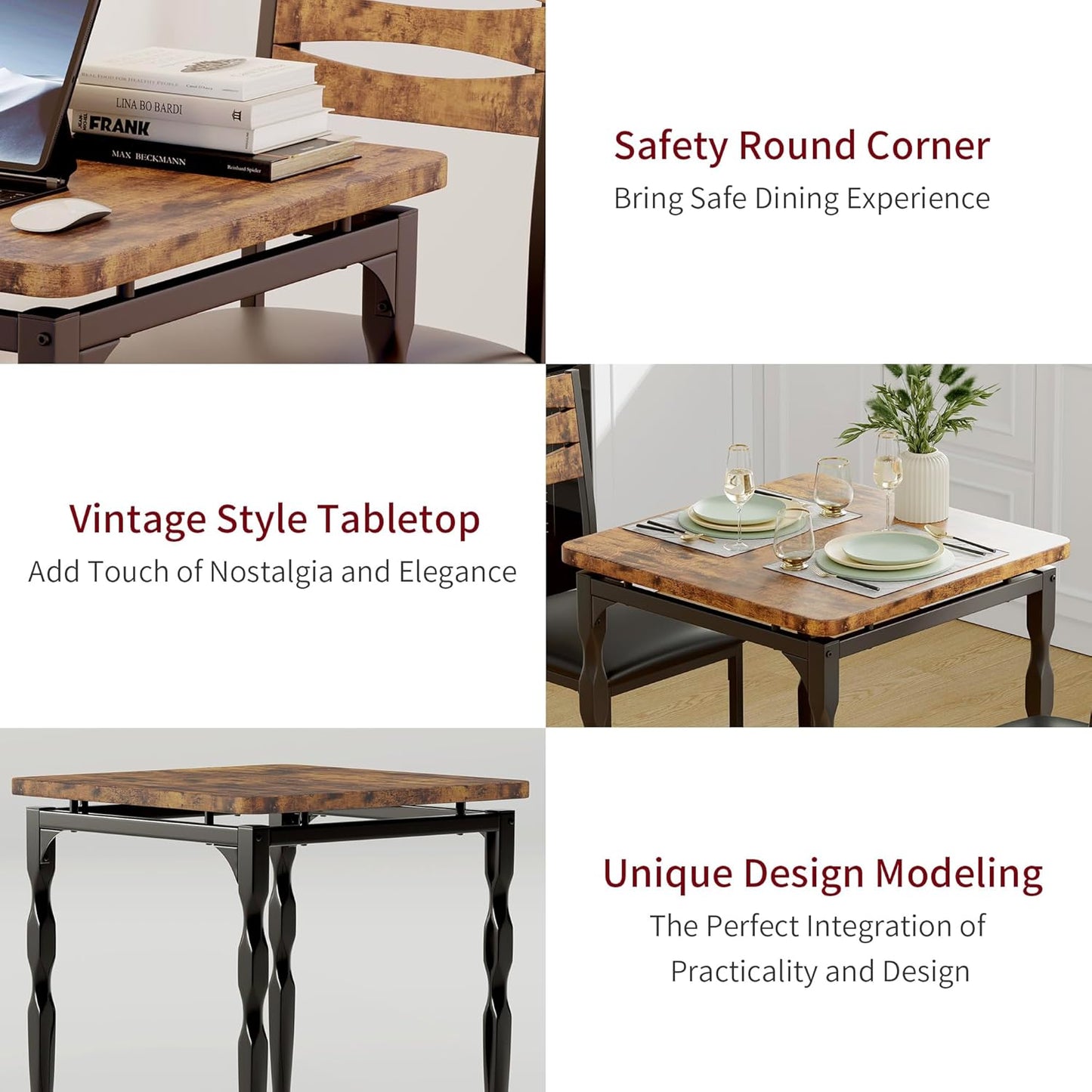 GarveeHome Dining Table Set for 2, Dining Table and Chairs Set of 2, 3 Piece Dining Table Set with Spiral Table Legs for Small Spaces, Kitchen, Apartment, Brown
