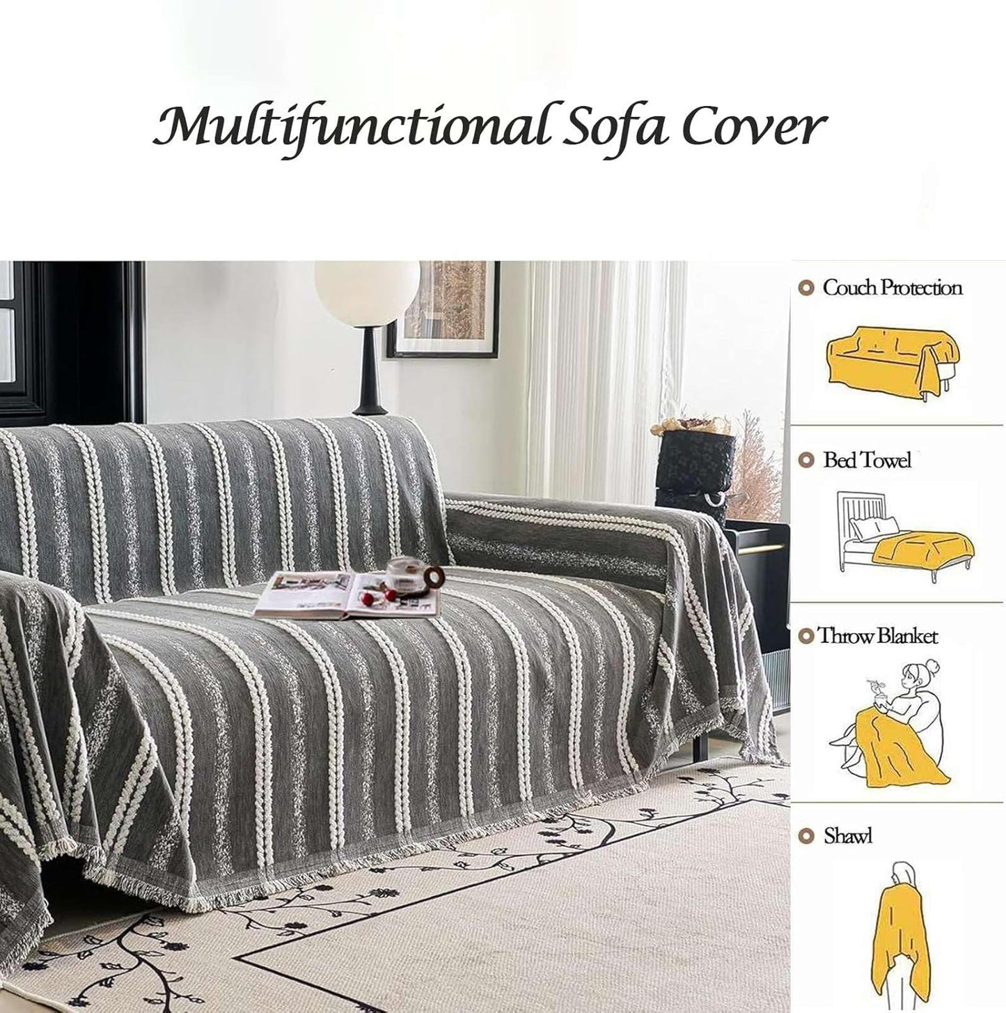 Couch Cover for Dogs Washable Sofa Cover, Sectional Couch Covers, Sofa Covers for 2 Cushion Couch, Non Slip Stripe Sofa Slipcovers Furniture Protector, Couch Protector from Cat Claws, Grey,71''x118''