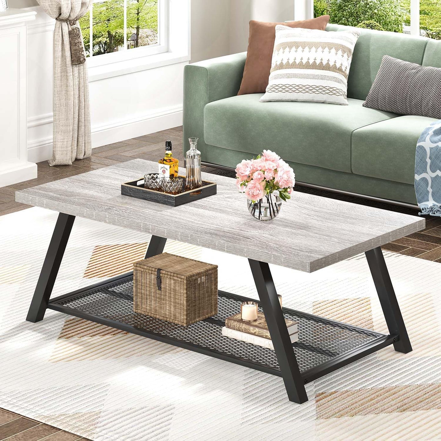 FOLUBAN Industrial Coffee Table, Rustic Wood and Metal Center Table with Storage, Modern Rectangle Cocktail Tea Table for Living Room Office, Light Grey, 47 Inch
