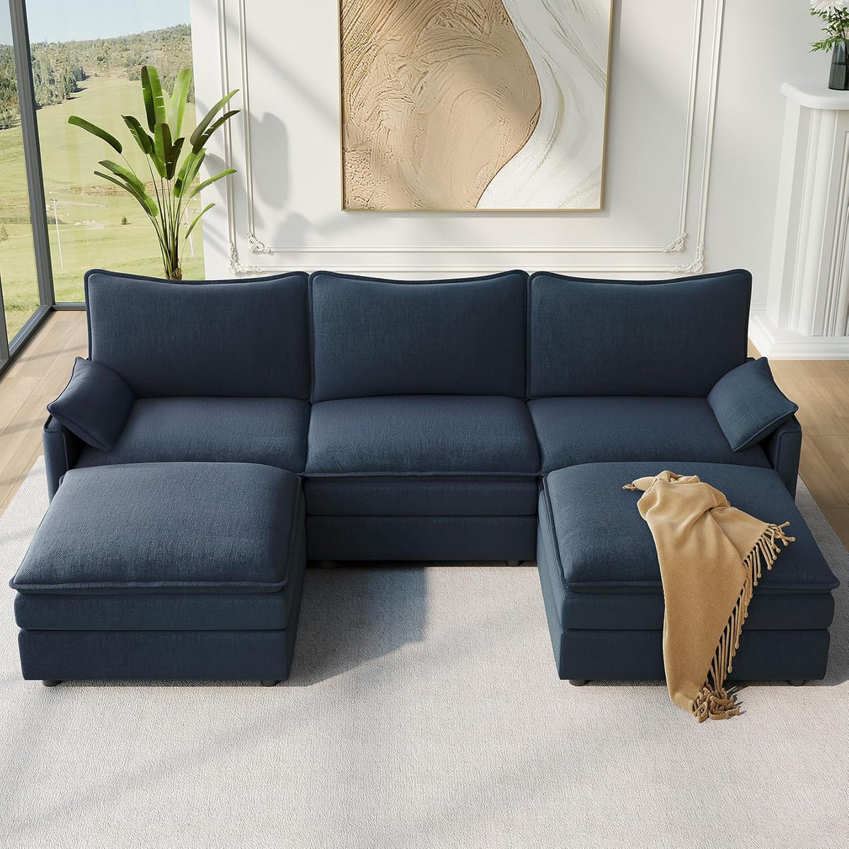 Vesgantti 108" U Shaped Sectional Couch, Comfy Cloud Modular Sectional Sofa with 2 Ottoman Deep Seat Chenille Modern Cloud Sofa, Modular Sofas for Living Room, Bedroom and Apartment, Blue