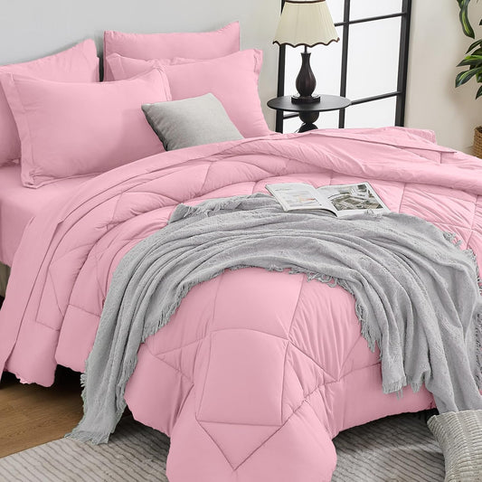 HEVUMYI Pink Twin-XL Comforter Set - 5-Piece All Season Bed in a Bag Twin-XL, Ultra Soft Bedding Set with Comforter, Flat Sheet, Fitted Sheet, Pillowcases, Pillow Shams, Pink