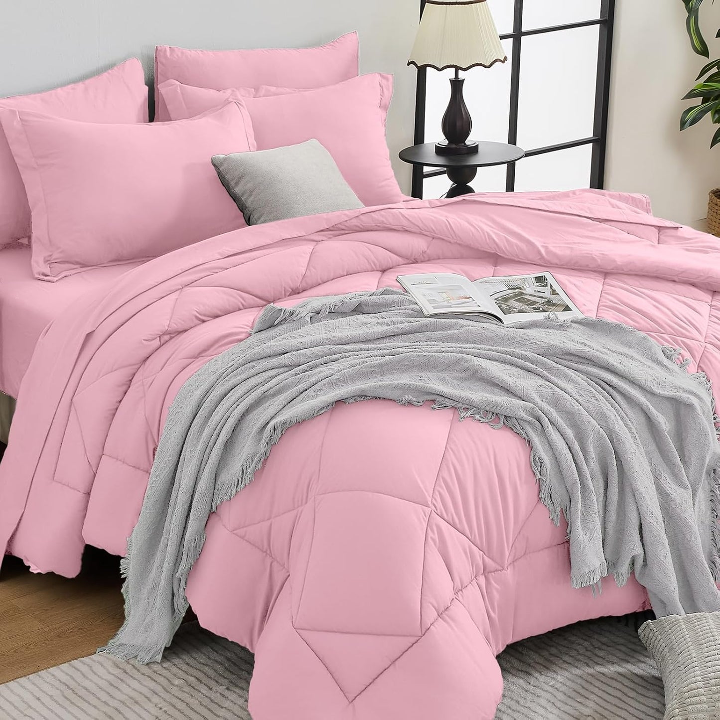 HEVUMYI Pink Twin Comforter Set - 5-Piece All Season Bed in a Bag Twin, Ultra Soft Bedding Set with Comforter, Flat Sheet, Fitted Sheet, Pillowcases, Pillow Shams, Pink