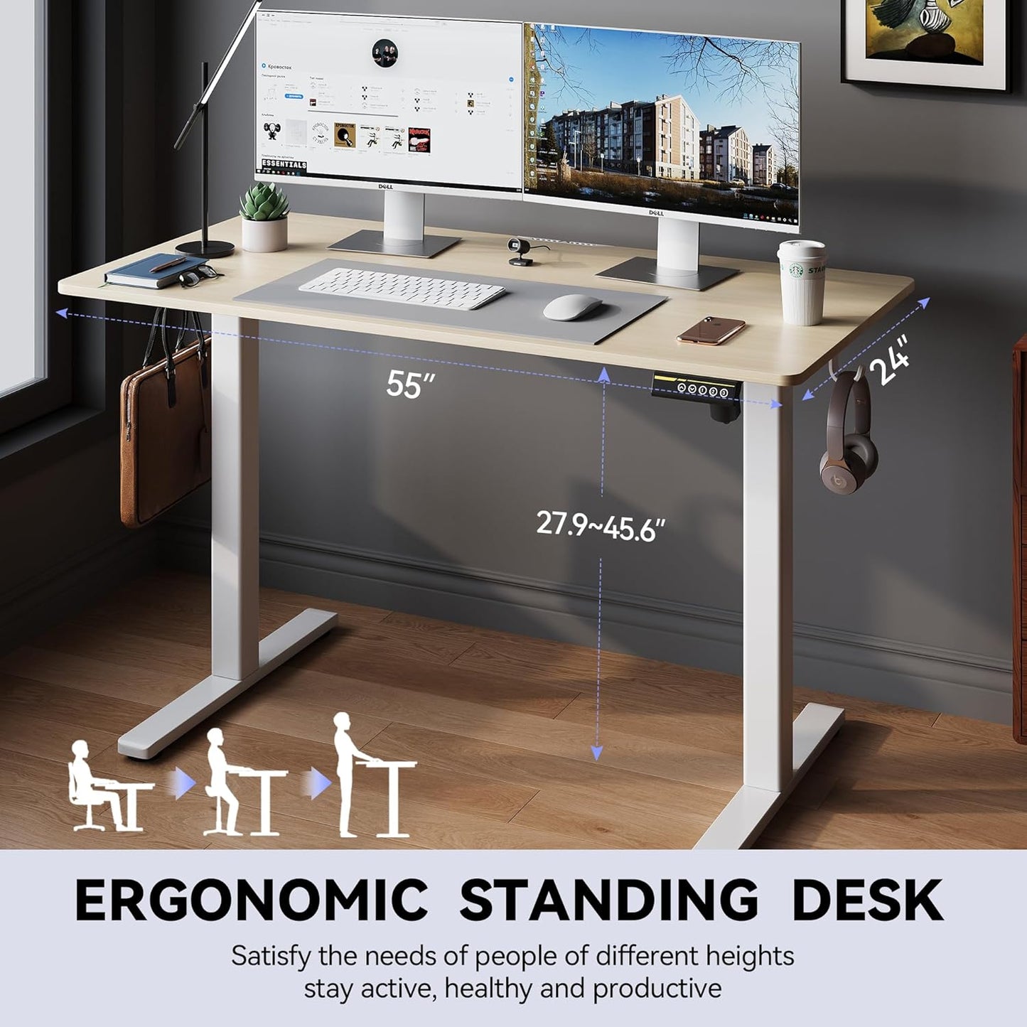 Electric Standing Desk Adjustable Height 55"x24" Stand Up Desk with Lockable Wheels Ergonomic Sit Stand Desk for for Work Office Home Computer Workstation (Wood)