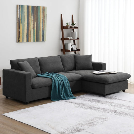 100" Modern Sectional Sofa with Convertible Ottoman,L-Shaped Couch Set W/ 2 Free Pillows,4-seat Polyester Fabric Indoor Luxury Furniture for Living Room, Apartment,Office,Dawn Grey
