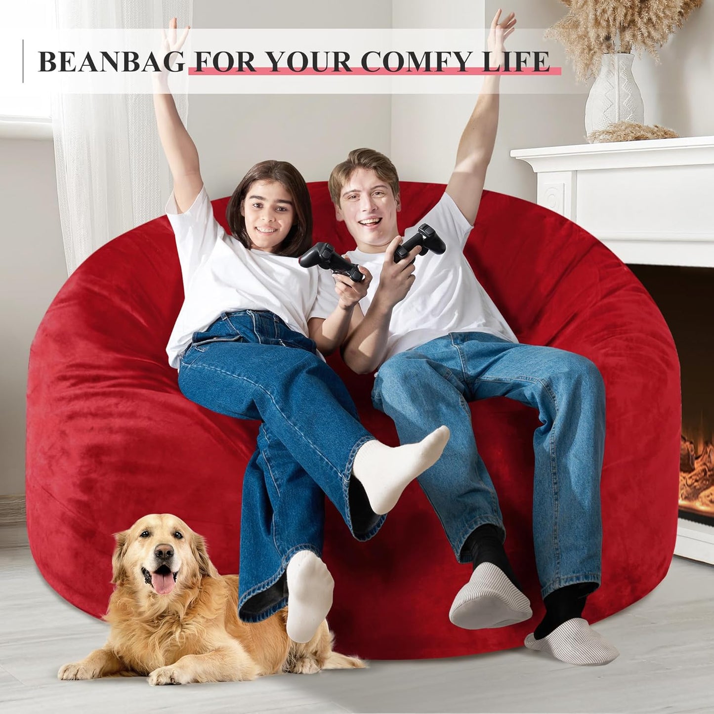 Homguava 5FT Bean Bag Chair Giant BeanBag with Memory Foam Filled, Comfy Bean Bag Chairs for Adults, Adult Bean Bag Chair with Dutch Velvet Cover for Living Room Bedroom-Red