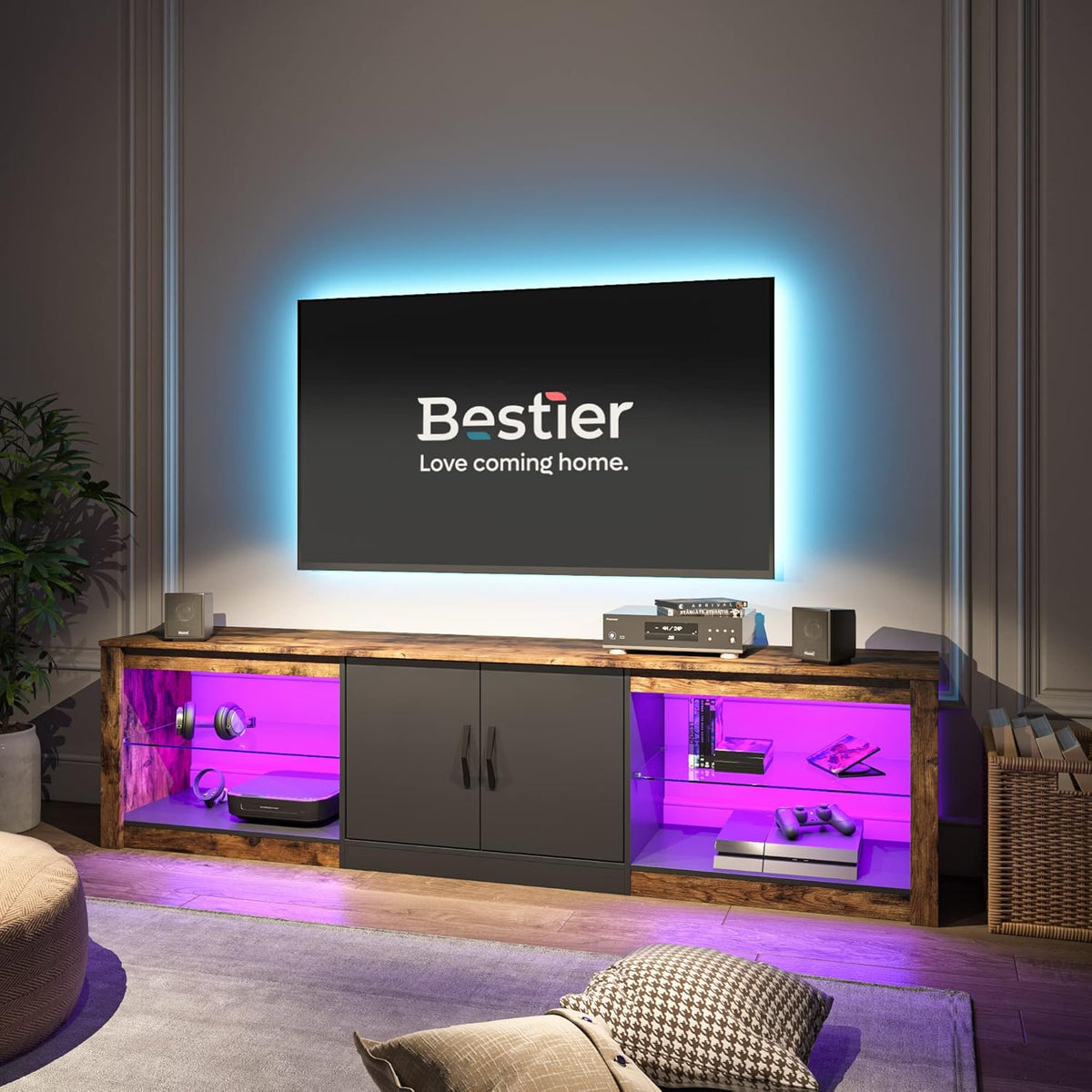 Bestier 70 Inch Led TV Stand for Large TVs - Modern Rustic Brown Entertainment Center with Adjustable Glass Shelves, Two Cabinets, 22 RGB Modes for Living Room Gaming