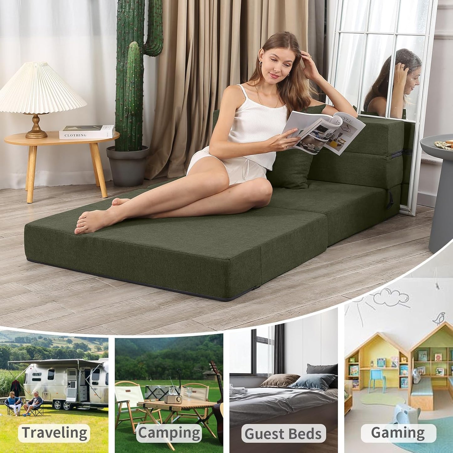 Folding Sofa Bed, High-Density Memory Foam Sofa Bed with a Fluffy Pillow, Folding Floor Couch Guest Bed, Twin Size, Green