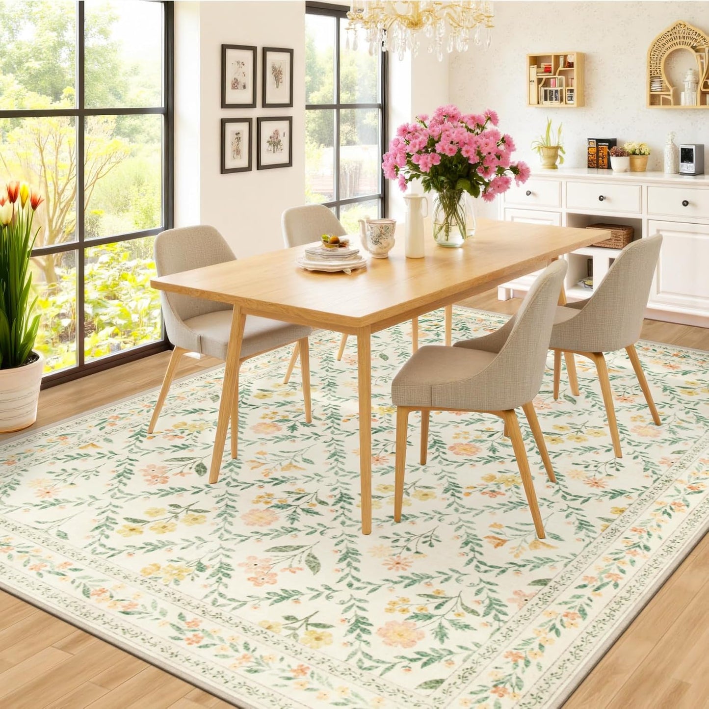 Area Rug Living Room Rugs: Floral 4x6 Washable Rug Vintage Soft Boho Non-Slip Carpet Stain Resistant Large Carpets for Bedroom Dining Room Farmhouse Nursery Hallway Home Office Beige/Multi