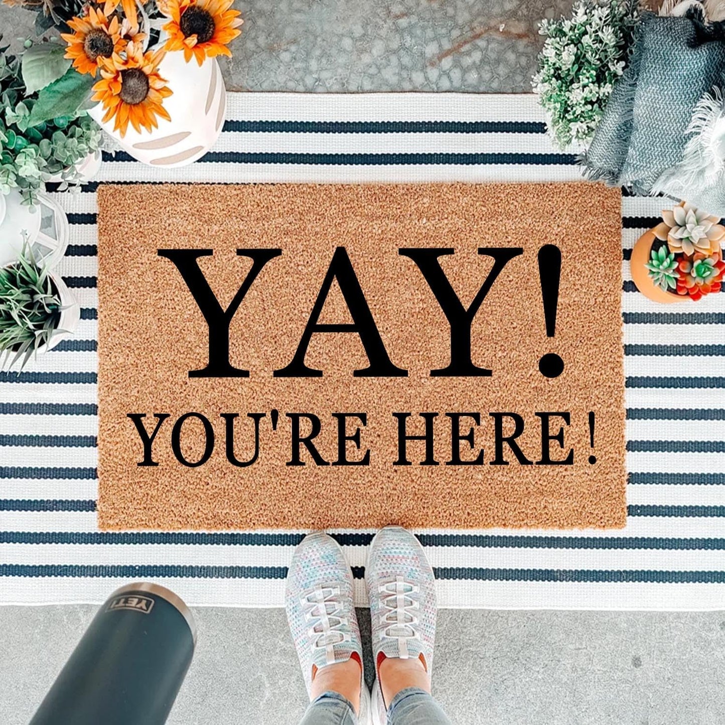 Yay You're Here Funny Coir Doormat - Natural Brown Entryway Welcome Mat, 23.7 x 15.7 inch