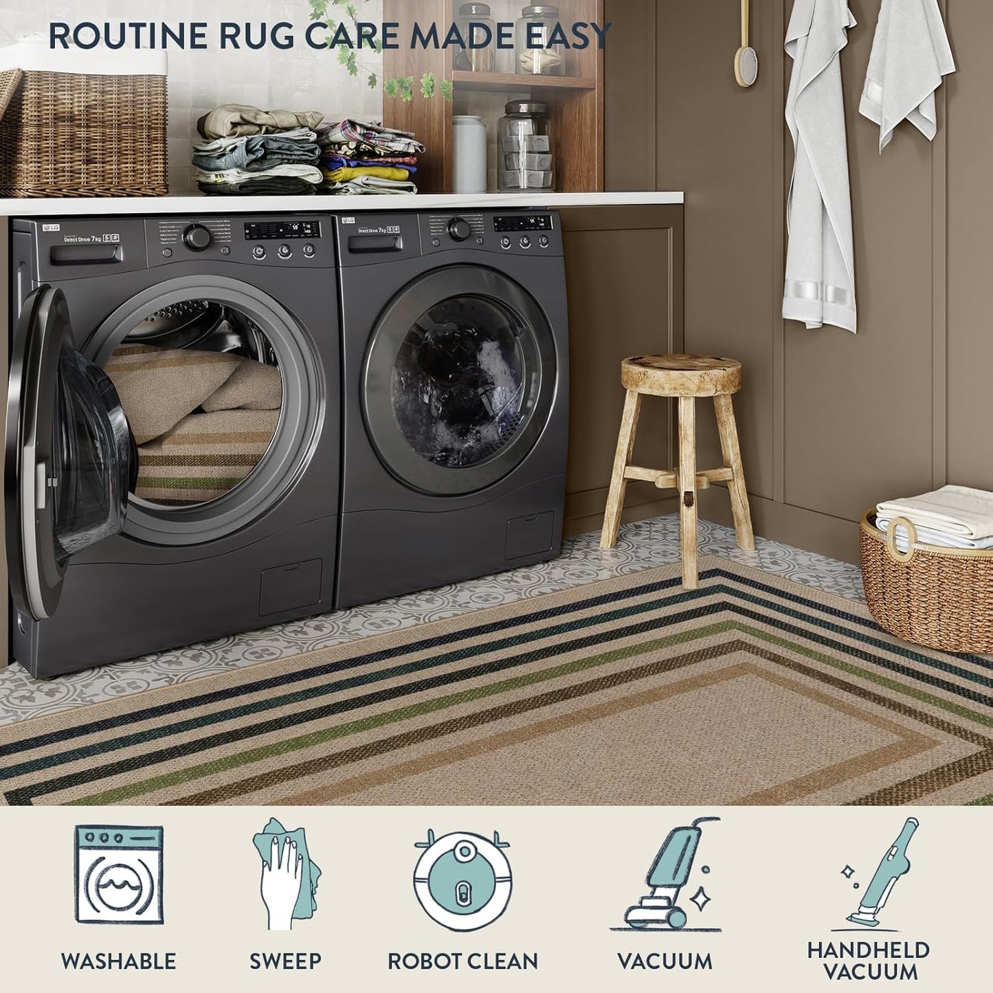 Lahome Modern Geometric Easy Jute Rug, Washable 5x7 Indoor Outdoor Rugs Farmhouse Large Dining Room Bedroom Carpet, Contemporary Non Slip Natural Throw Mat for Backyard Office RV