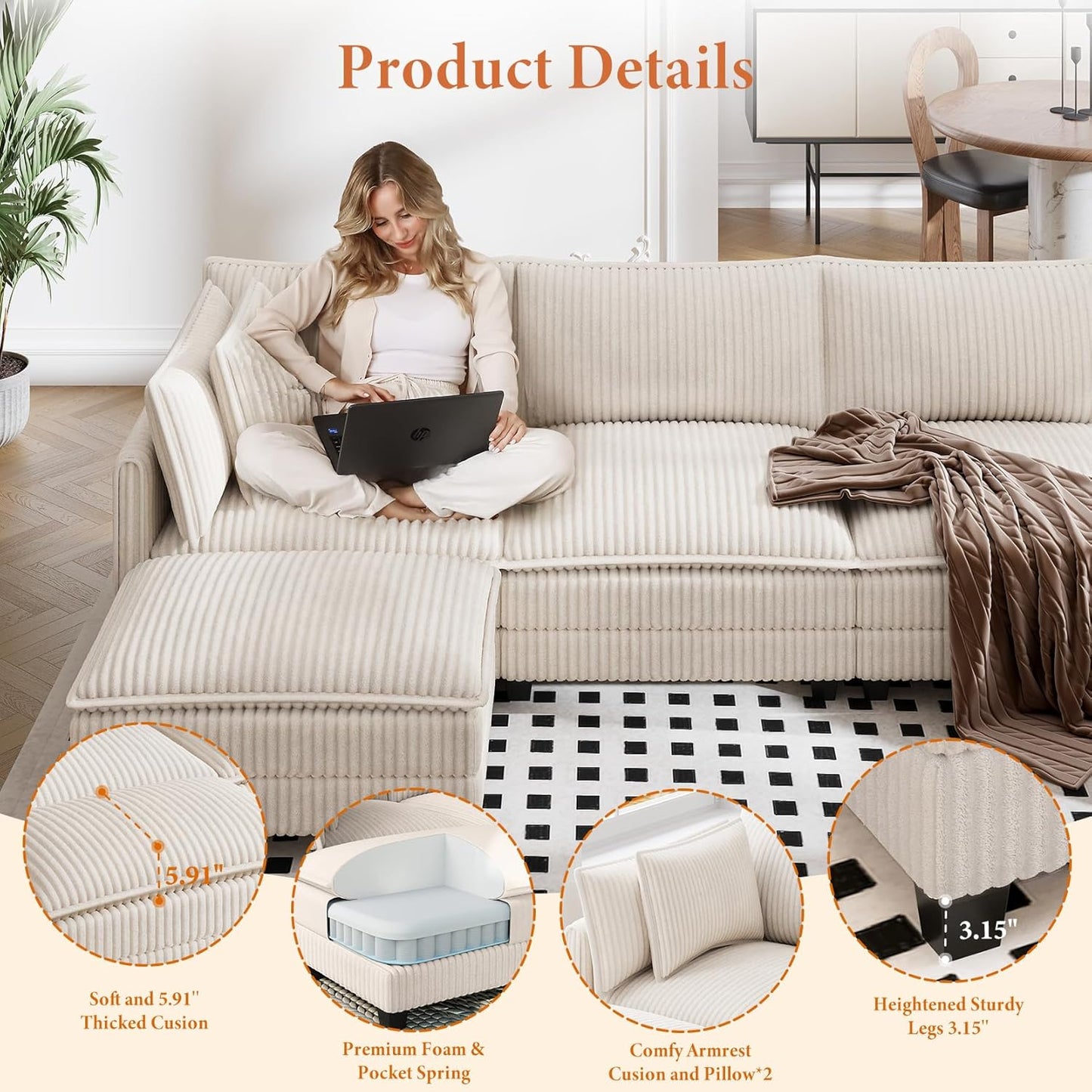 Vesgantti 143" U Shaped Sectional Modular Couch, Comfy Corduroy Upholstered Modular Cloud Sofas for Living Room, Modern Sectional Sofa with 2 Ottoman Deep Seat, Beige