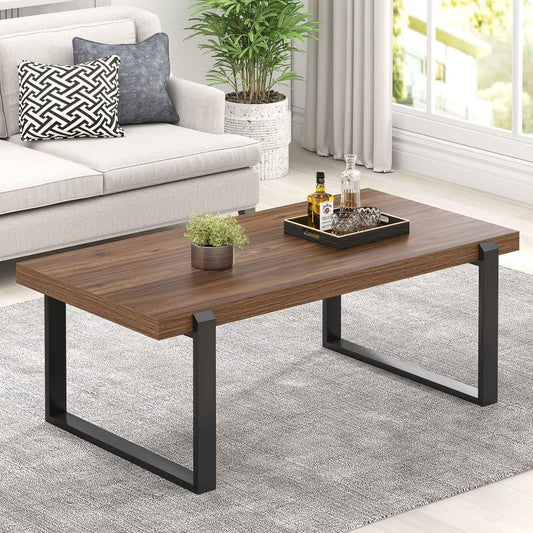 FOLUBAN Modern Coffee Table, Rustic Wood and Metal Center Table, Industrial Rectangle Cocktail Tea Table for Living Room, Walnut, 47 Inch