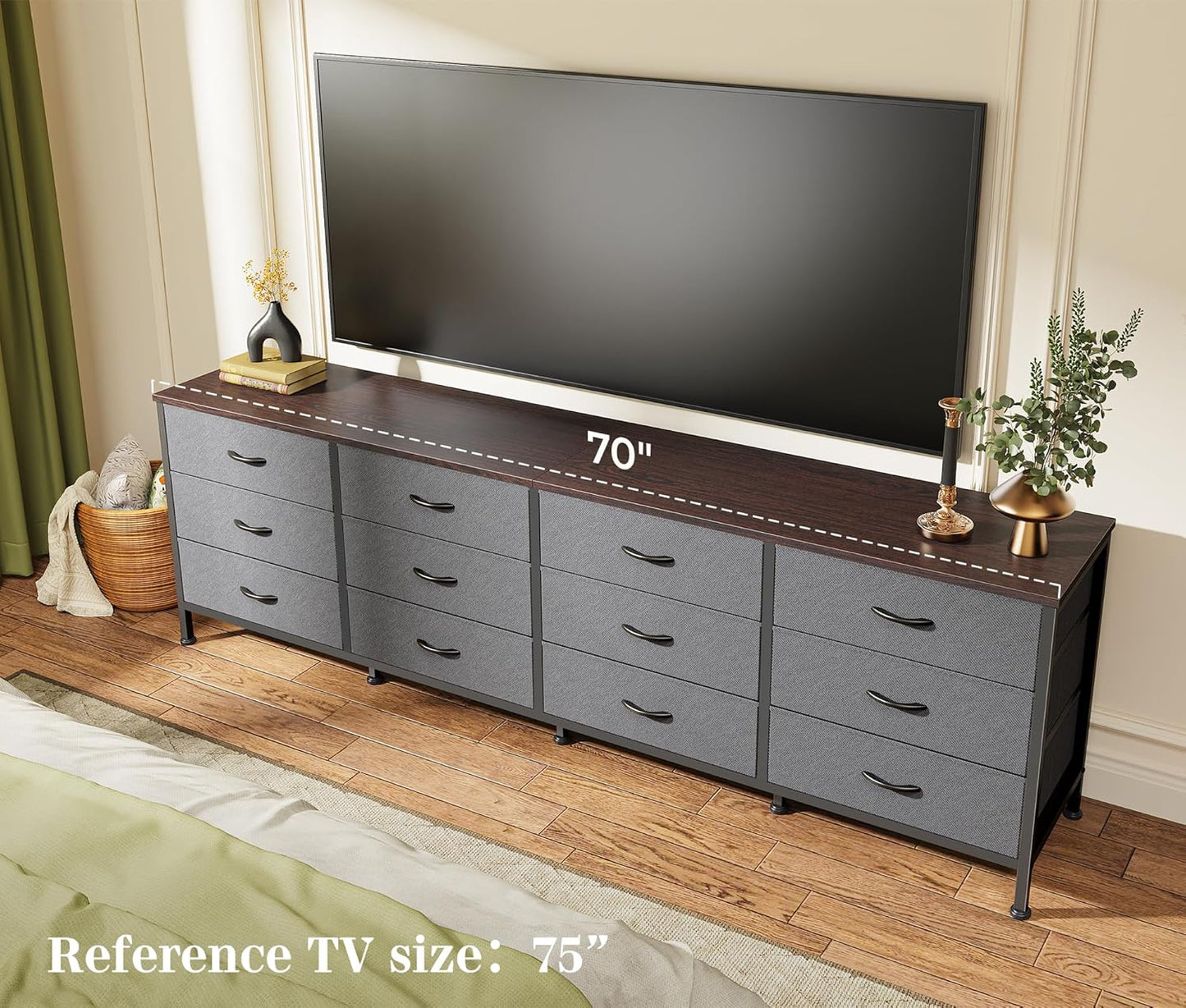 Huuger 70 Inch Dresser for Bedroom, TV Stand for 65, 75, 80 Inch TV, 12 Drawer Long Dresser, Large Storage Organizer Unit, Wide Chest of Drawer with Storage, Fabric Drawer for Living Room, Dark Grey